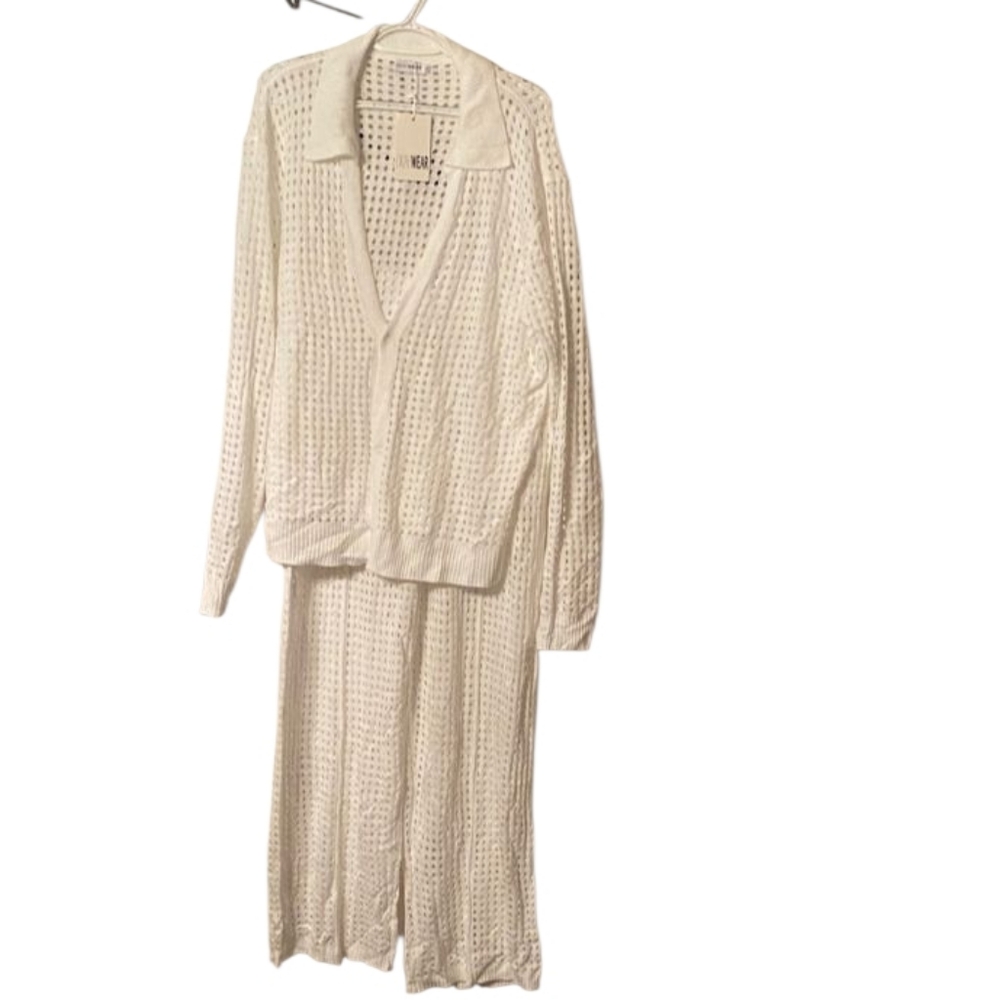 Chic White Crochet Maxi Jacket and Pants